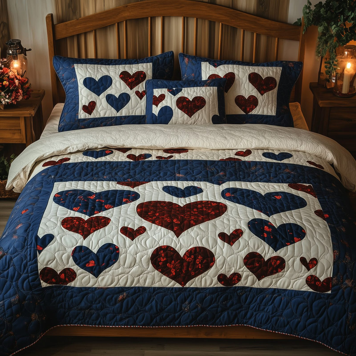 Vintage Love Frame quilted 3-piece bedding set on a made bed in a farmhouse bedroom