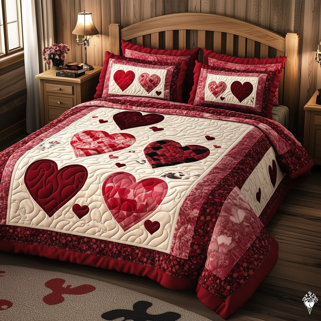 Vintage Love Hearts quilted 3-piece bedding set on a made bed in a farmhouse bedroom