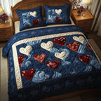 Vintage Love Navy quilted 3-piece bedding set on a made bed in a warmly lit bedroom