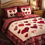 Vintage Love Pink quilted 3-piece bedding set on a made bed in a farmhouse bedroom