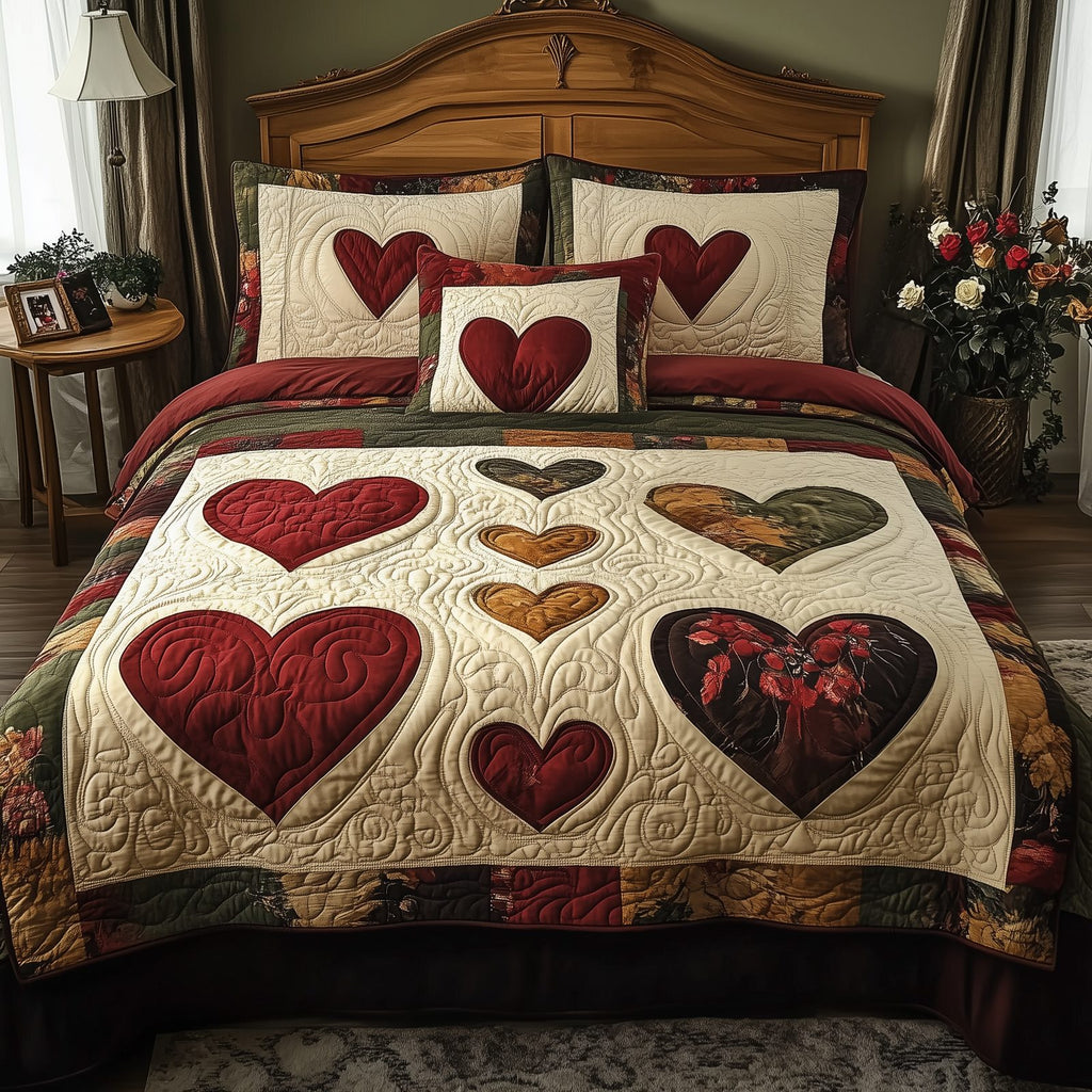 Vintage Love Red quilted 3-piece bedding set on a made bed in a farmhouse bedroom