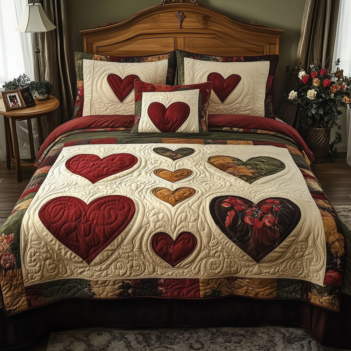 Vintage Love Red quilted 3-piece bedding set on a made bed in a farmhouse bedroom