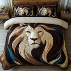 Vintage Majestic Lion Cream quilted 3-piece bedding set on a made bed in a farmhouse bedroom