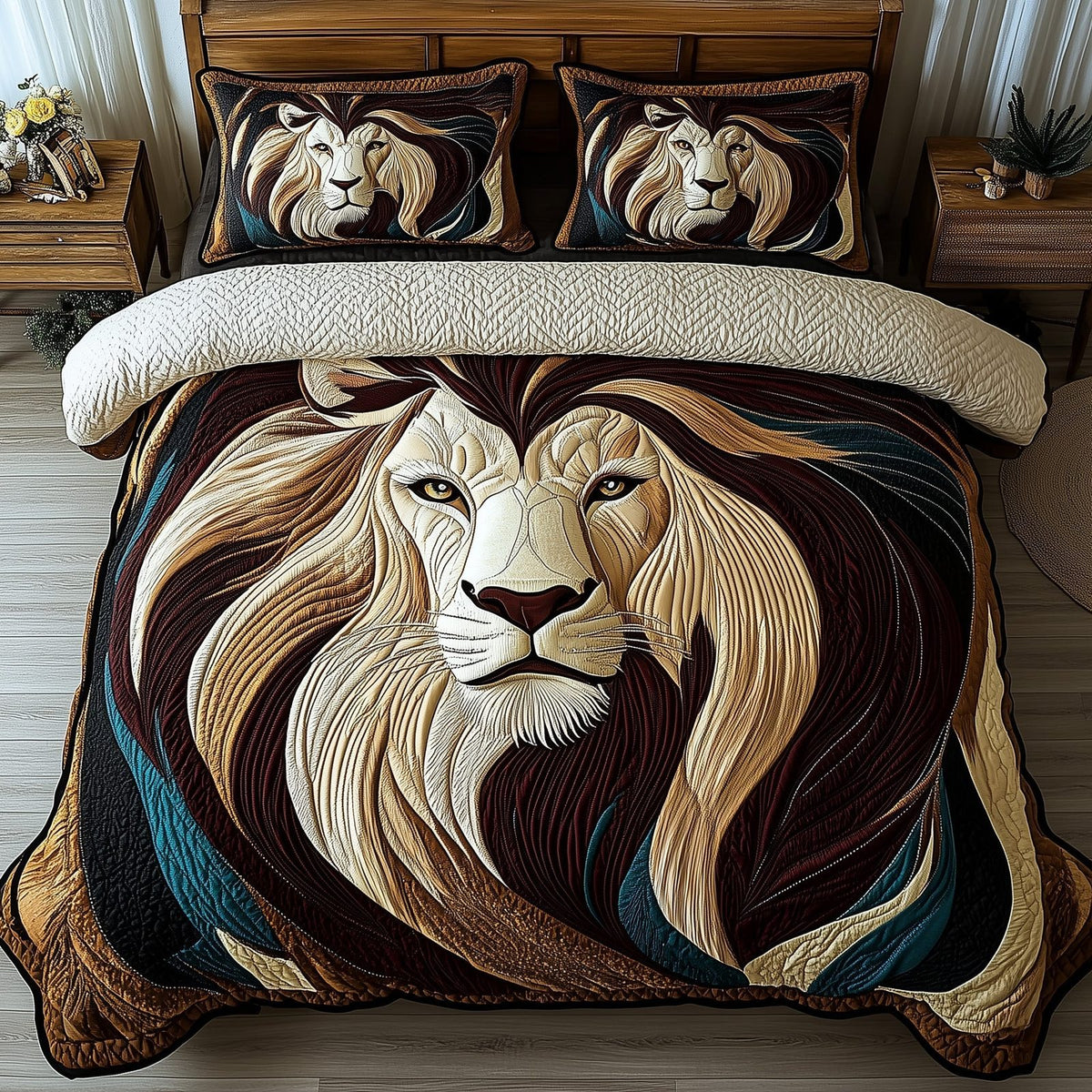Vintage Majestic Lion Cream quilted 3-piece bedding set on a made bed in a farmhouse bedroom