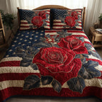 Vintage Patriotic Rose Red quilted 3-piece bedding set on a made bed in a warmly lit bedroom