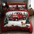 Vintage Red Truck Dog quilted 3-piece bedding set on a made bed in a farmhouse bedroom