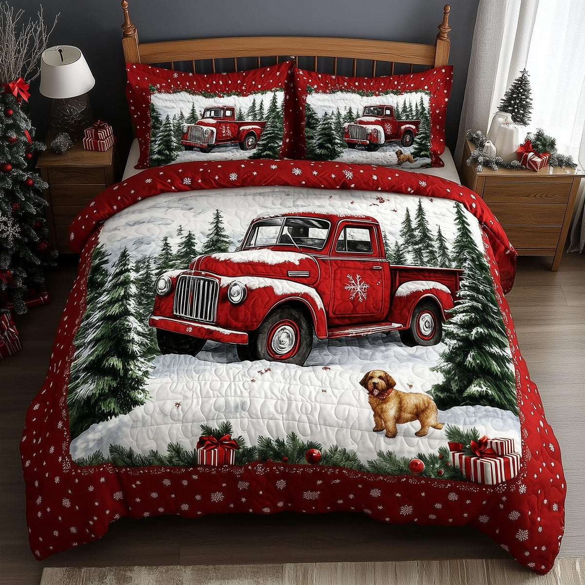 Vintage Red Truck Dog quilted 3-piece bedding set on a made bed in a farmhouse bedroom