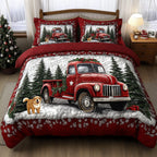 Vintage Red Truck Puppy quilted 3-piece bedding set on a made bed in a farmhouse bedroom