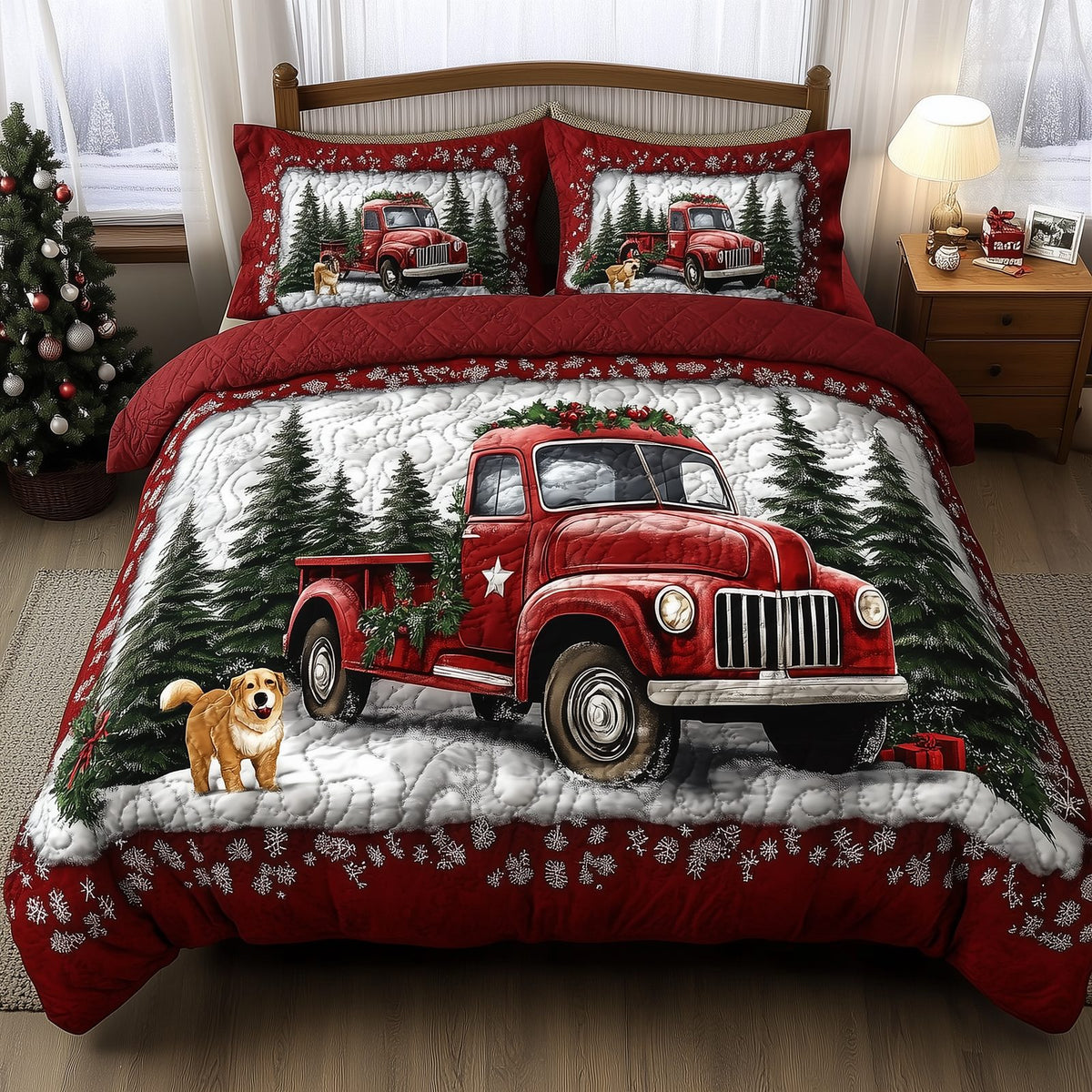 Vintage Red Truck Puppy quilted 3-piece bedding set on a made bed in a farmhouse bedroom