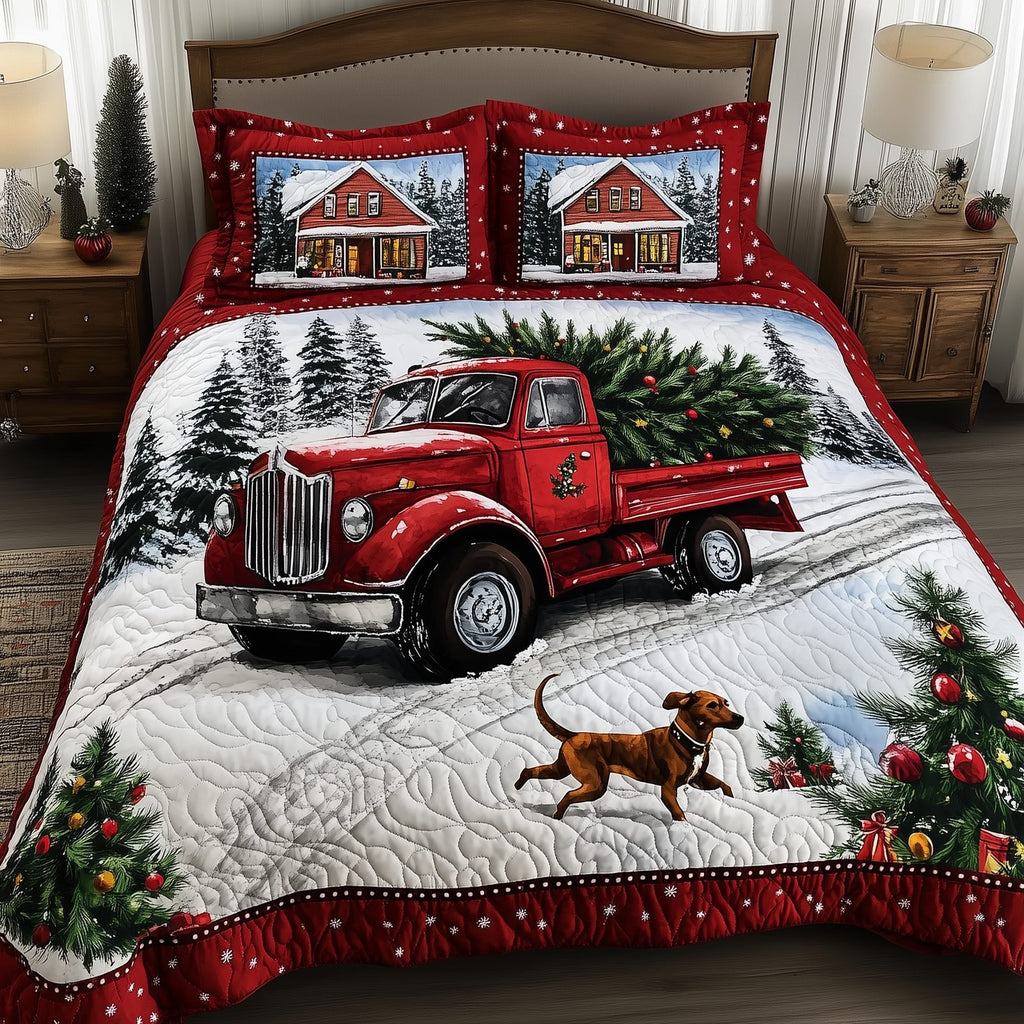 Vintage Red Truck Tree quilted 3-piece bedding set on a made bed in a farmhouse bedroom