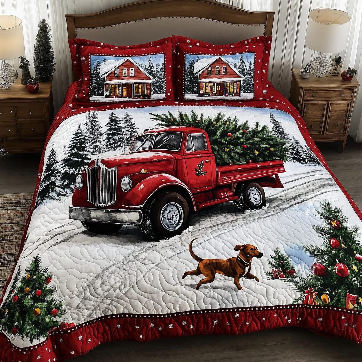 Vintage Red Truck Tree quilted 3-piece bedding set on a made bed in a farmhouse bedroom