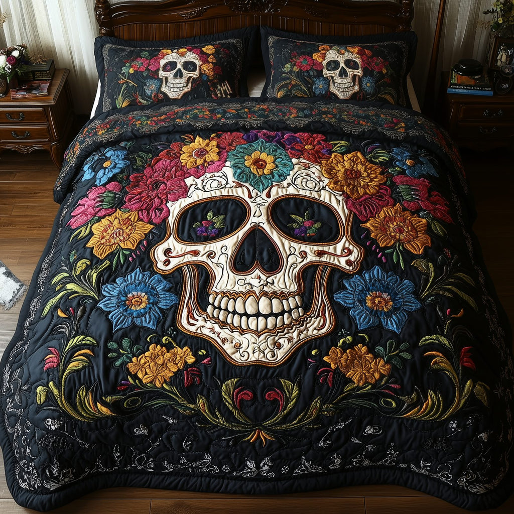 Vintage Skull Blue quilted 3-piece bedding set on a made bed against a dark styled interior