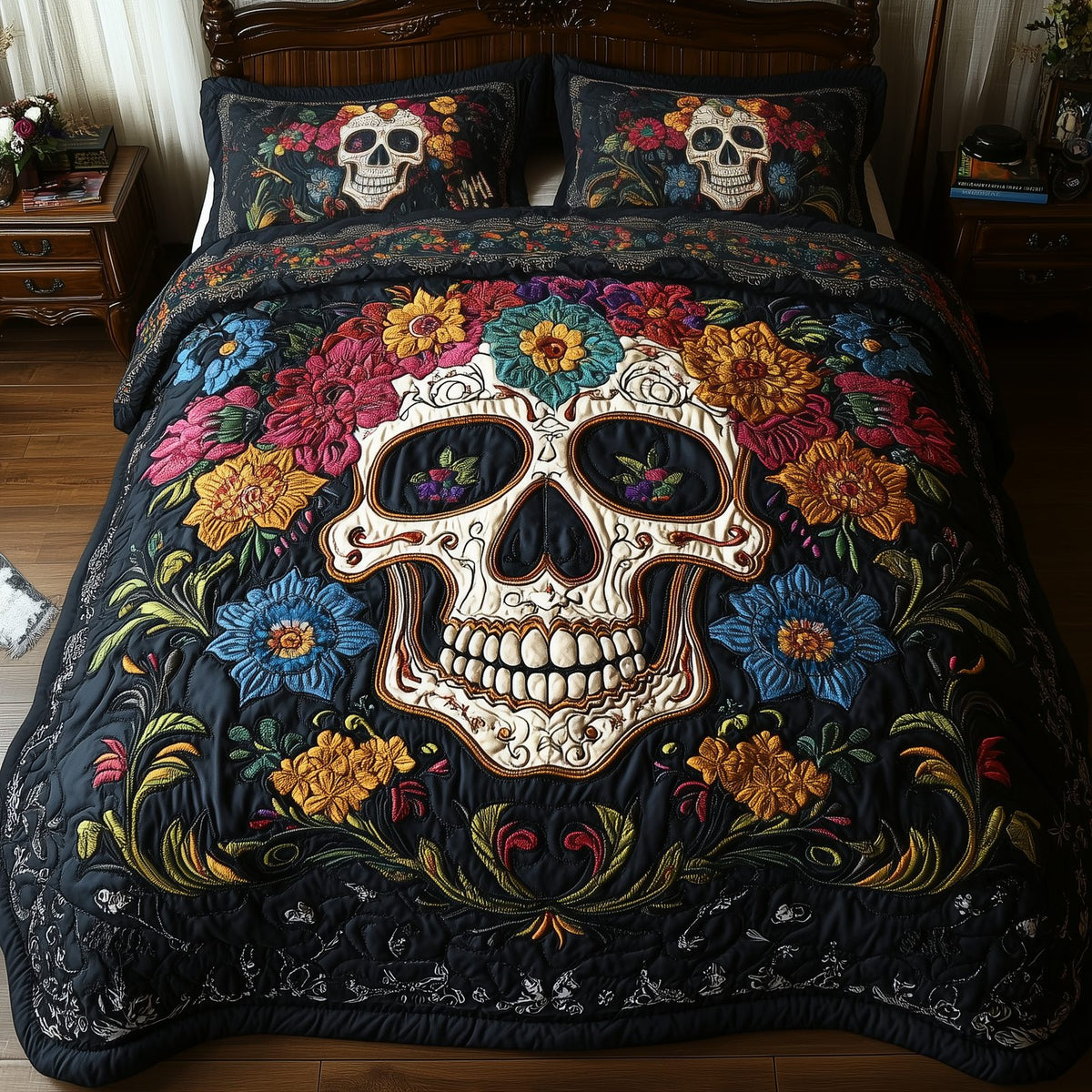 Vintage Skull Blue quilted 3-piece bedding set on a made bed against a dark styled interior