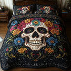 Vintage Skull Blue quilted 3-piece bedding set on a made bed against a dark styled interior