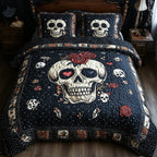 Vintage Skull Heart quilted 3-piece bedding set on a made bed against a dark styled interior