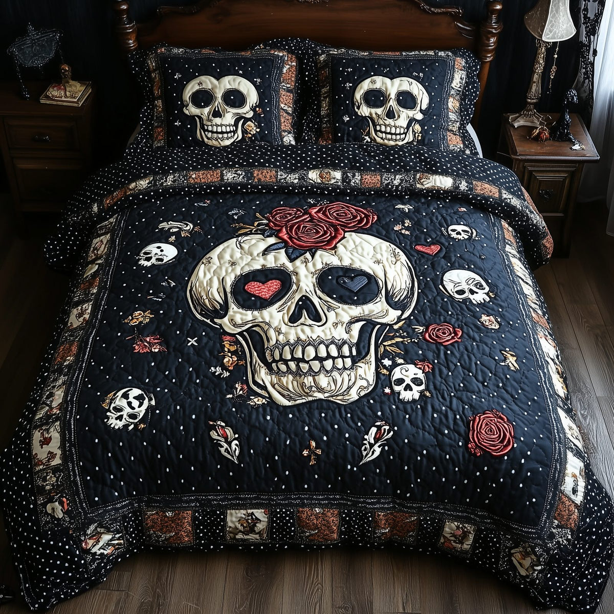 Vintage Skull Heart quilted 3-piece bedding set on a made bed against a dark styled interior