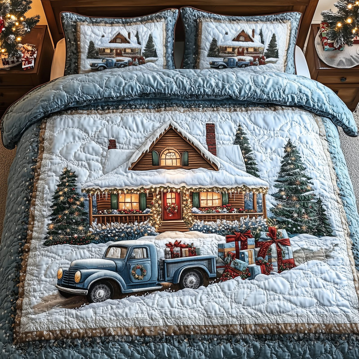Vintage Snow Cabin Truck quilted 3-piece bedding set on a made bed in a farmhouse bedroom