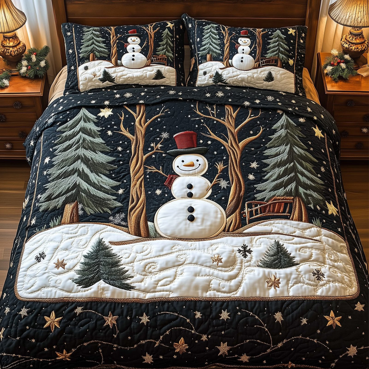 Vintage Snowman Dark quilted 3-piece bedding set on a made bed in a winter-styled bedroom