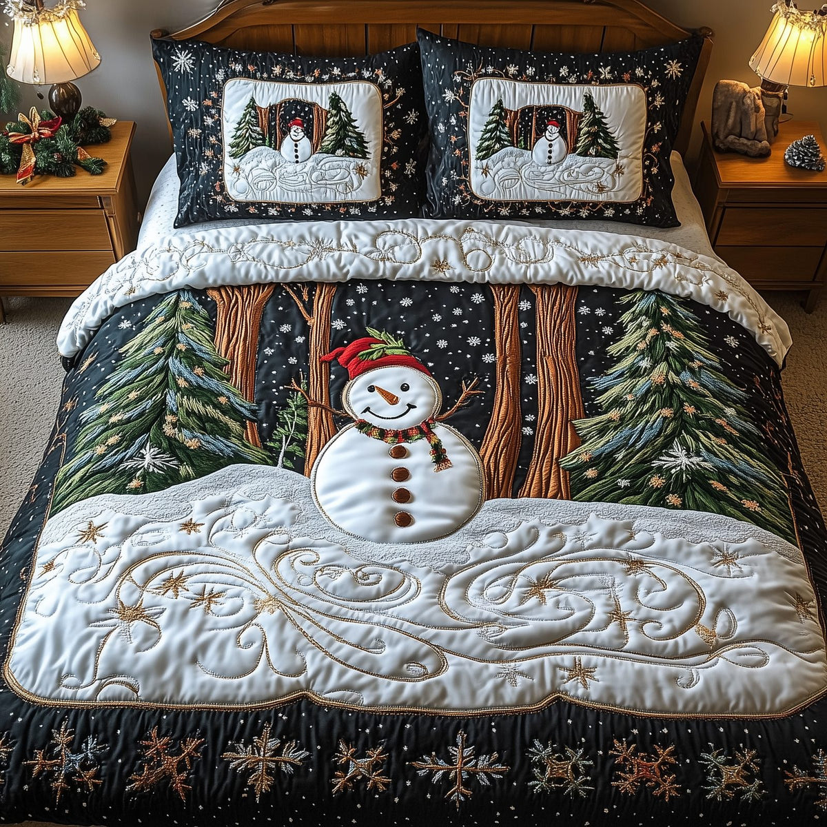 Vintage Snowman Night quilted 3-piece bedding set on a made bed in a winter-styled bedroom