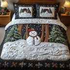 Vintage Snowman Night quilted 3-piece bedding set on a made bed in a winter-styled bedroom