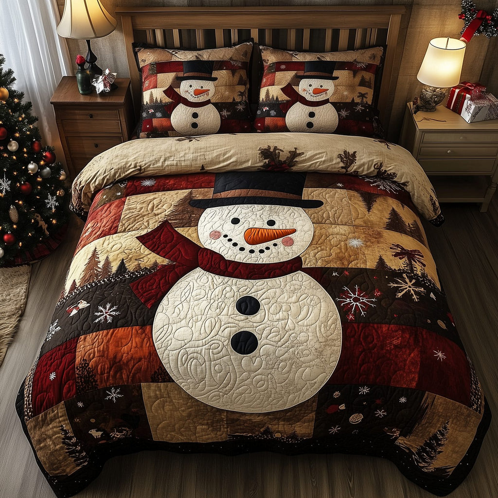 Vintage Snowman Plaid quilted 3-piece bedding set on a made bed in a winter-styled bedroom