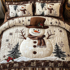 Vintage Snowman Top Hat quilted 3-piece bedding set on a made bed in a winter-styled bedroom
