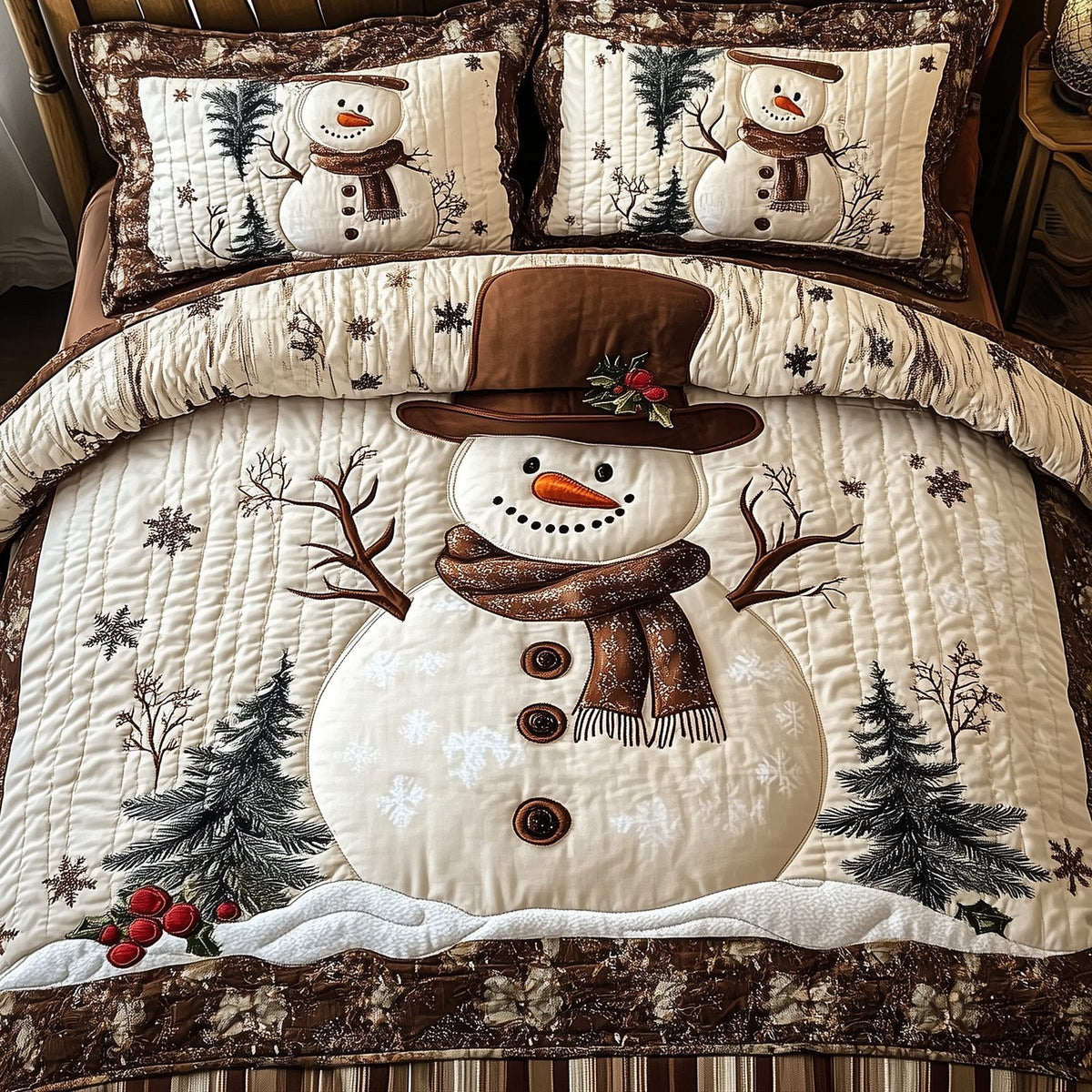 Vintage Snowman Top Hat quilted 3-piece bedding set on a made bed in a winter-styled bedroom