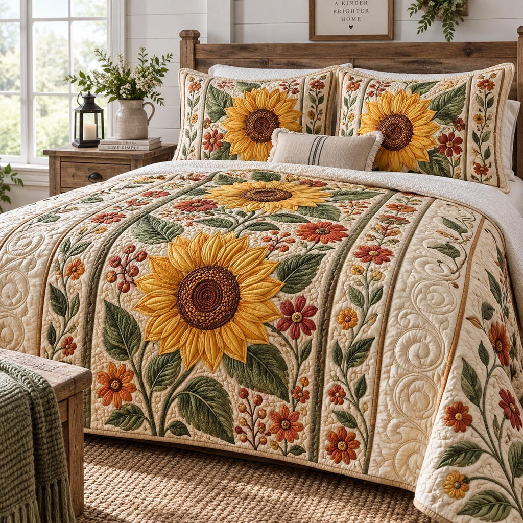 Vintage Sunflower Meadow quilted 3-piece bedding set on a made bed in a farmhouse bedroom