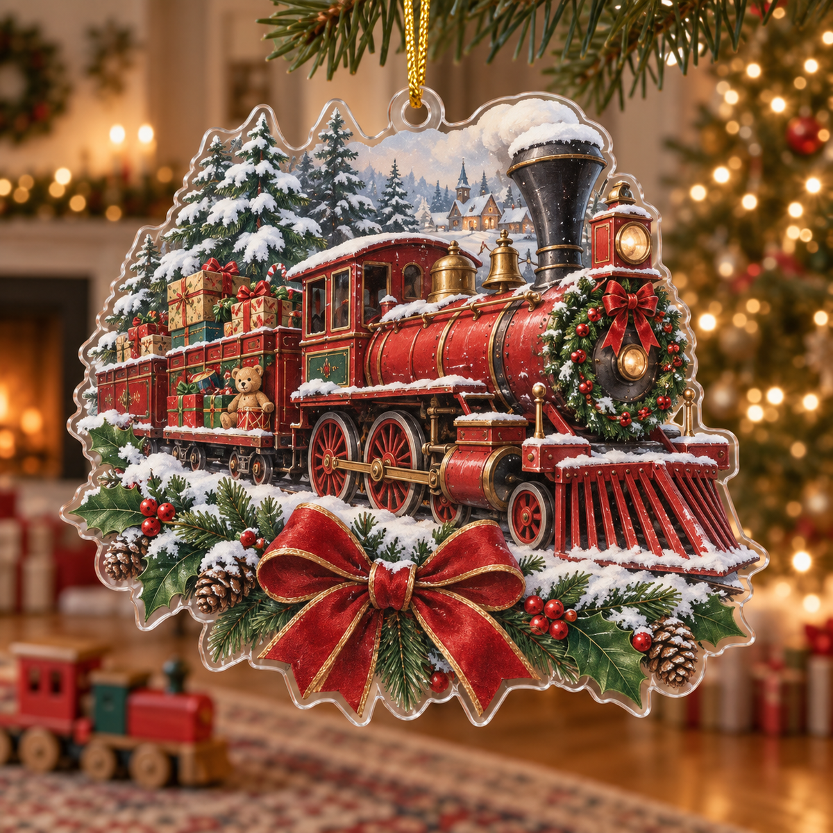 Vintage Toy Train Acrylic Christmas Ornament — digital product visualization