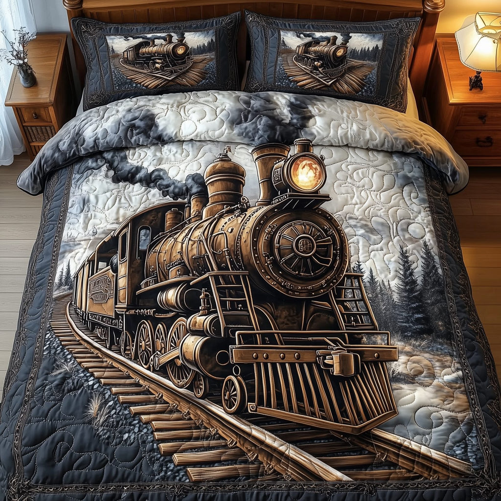 Vintage Train Dark quilted 3-piece bedding set on a made bed in a farmhouse bedroom