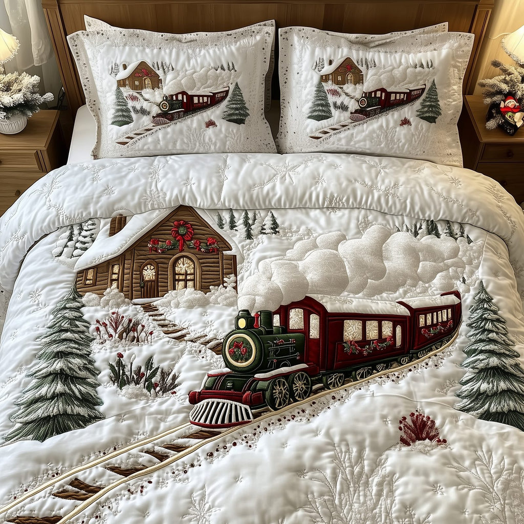 Vintage Train To Snowy Green quilted 3-piece bedding set on a made bed in a farmhouse bedroom