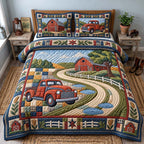Vintage Truck Farm quilted 3-piece bedding set on a made bed in a farmhouse bedroom