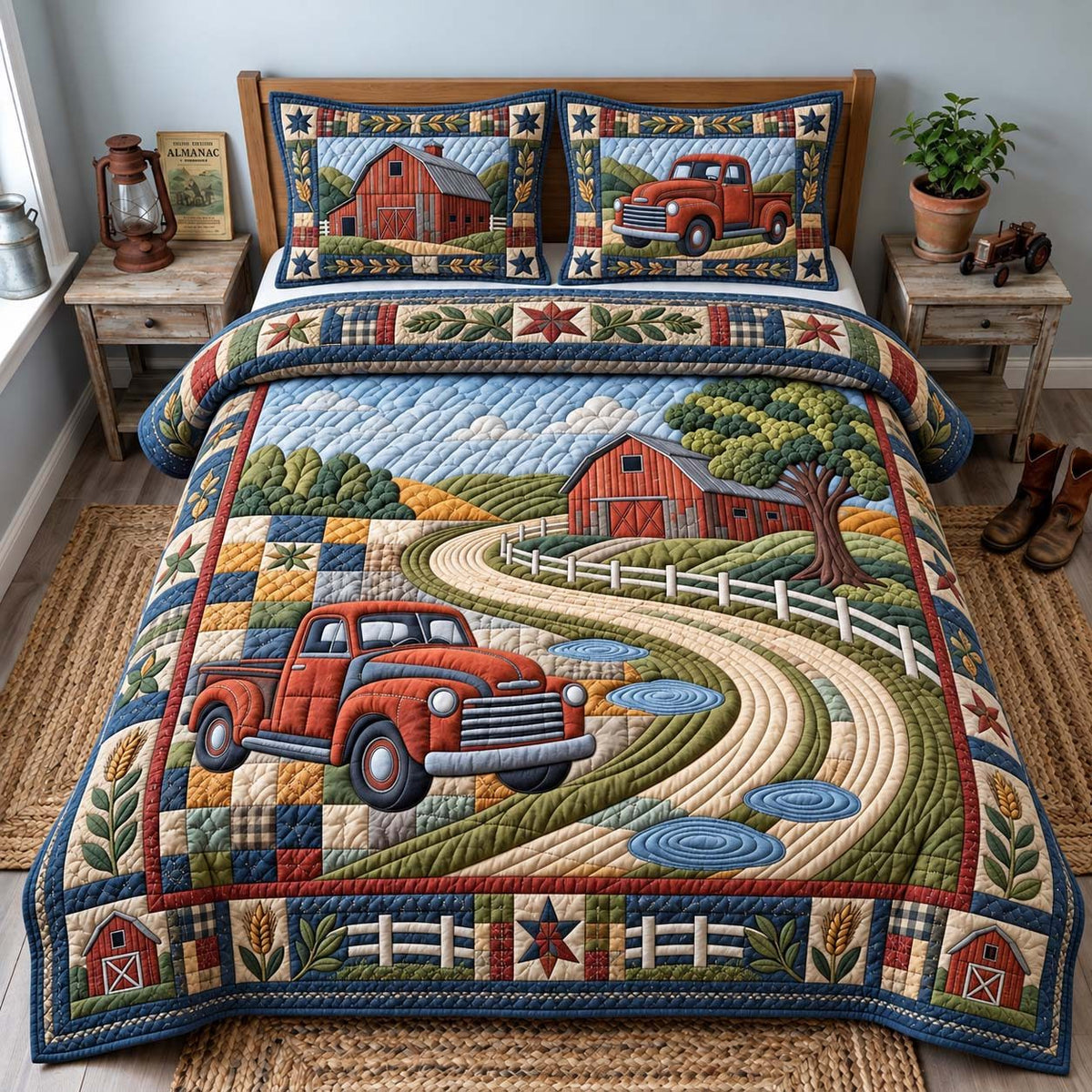 Vintage Truck Farm quilted 3-piece bedding set on a made bed in a farmhouse bedroom