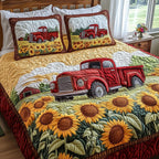 Vintage Truck Sunflowers quilted 3-piece bedding set on a made bed in a farmhouse bedroom