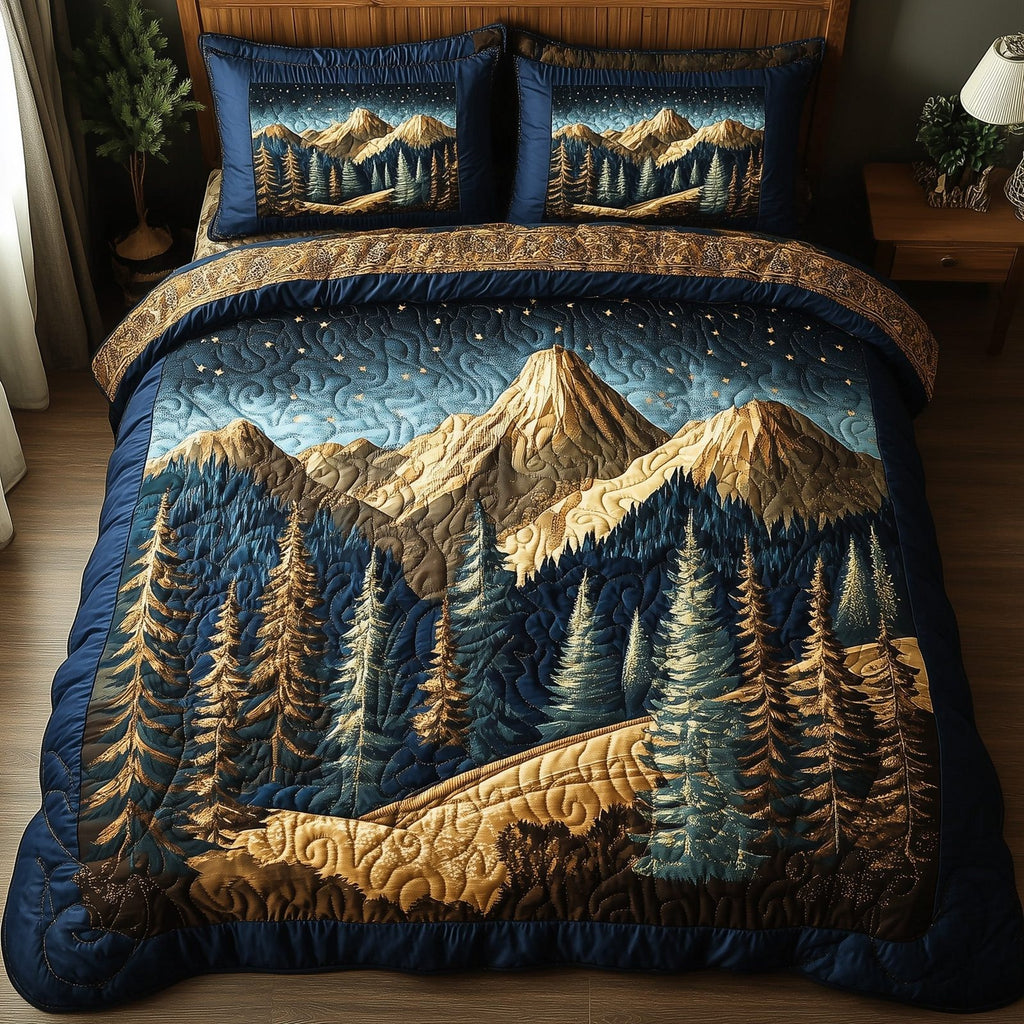 Vintage Woodland Gold quilted 3-piece bedding set on a made bed in a farmhouse bedroom