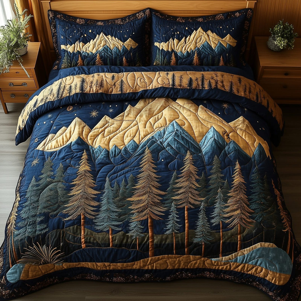 Vintage Woodland Navy quilted 3-piece bedding set on a made bed in a warmly lit bedroom