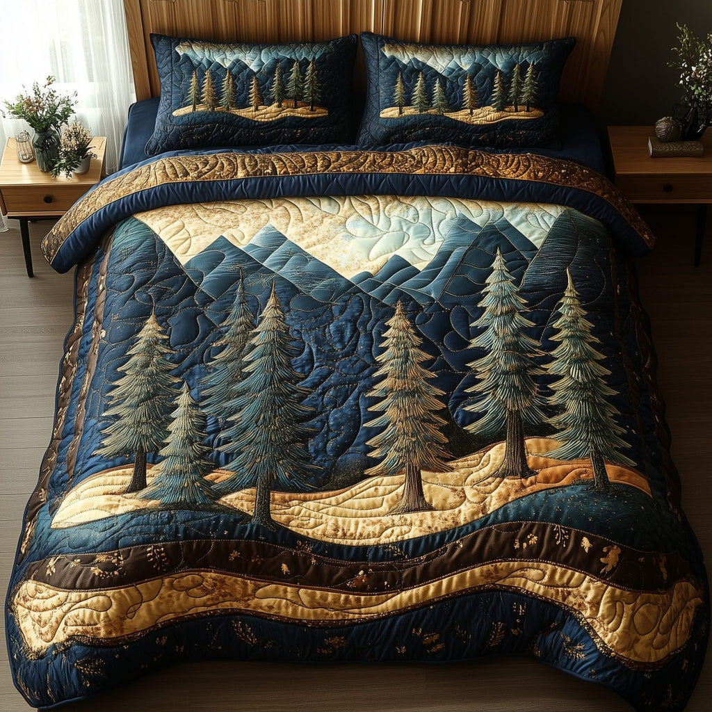 Vintage Woodland Pines quilted 3-piece bedding set on a made bed in a farmhouse bedroom