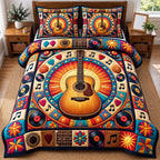 Vinyl Medallion Acoustic Guitar quilted 3-piece bedding set on a made bed with two matching pillow shams