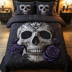 Violet Rose Skull Purple quilted 3-piece bedding set on a made bed against a dark styled interior
