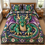 Violet Wing Emerald Dragon quilted 3-piece bedding set on a made bed with two matching pillow shams
