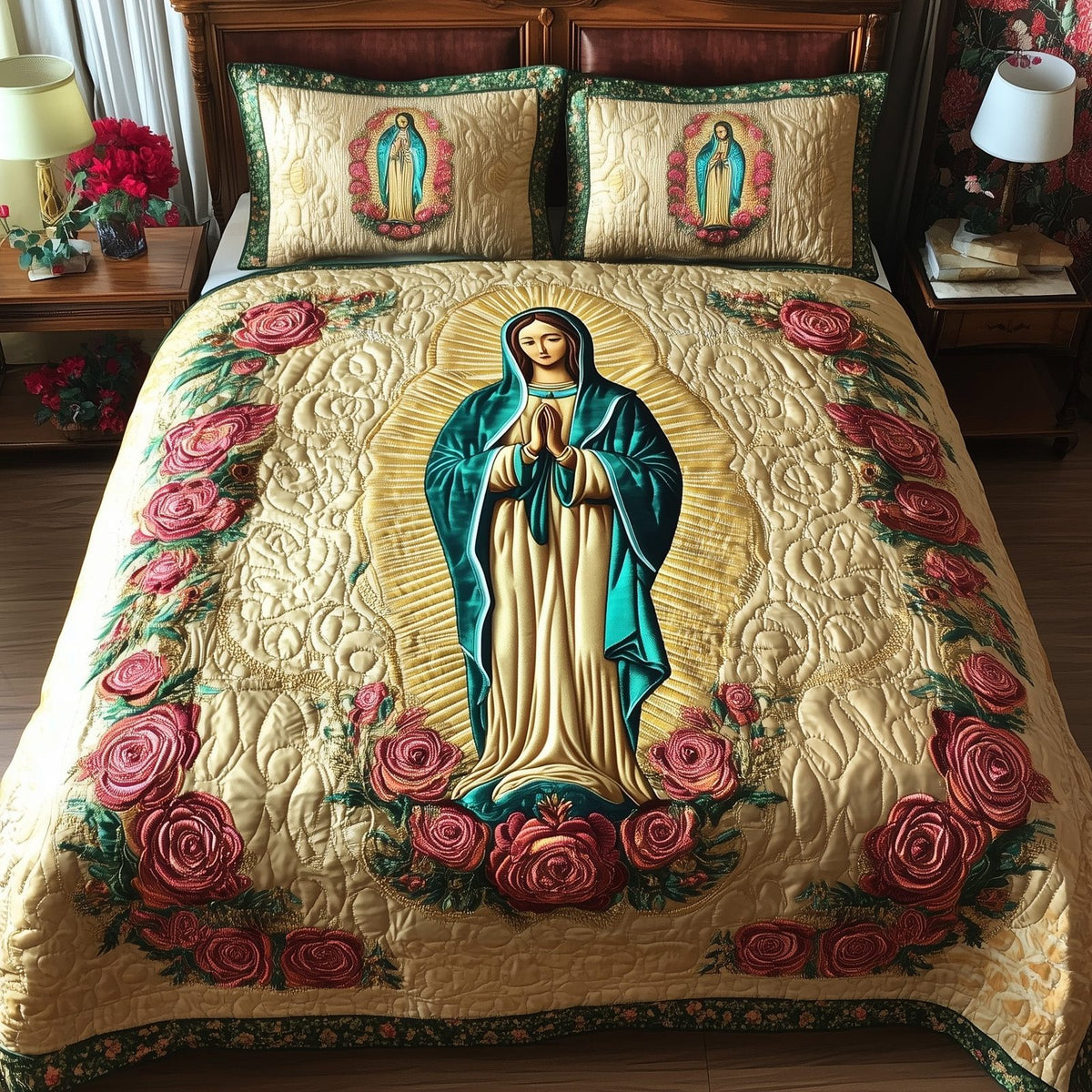 Virgen De Guadalupe Cream quilted 3-piece bedding set on a made bed with two matching pillow shams