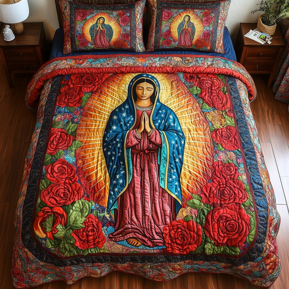 Virgen De Guadalupe Rays quilted 3-piece bedding set on a made bed with two matching pillow shams