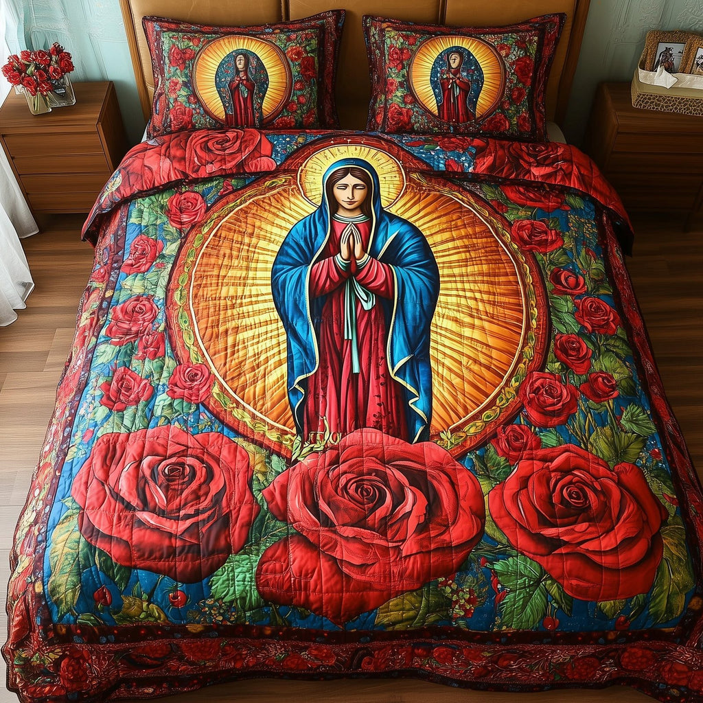 Virgen De Guadalupe Red quilted 3-piece bedding set on a made bed with two matching pillow shams