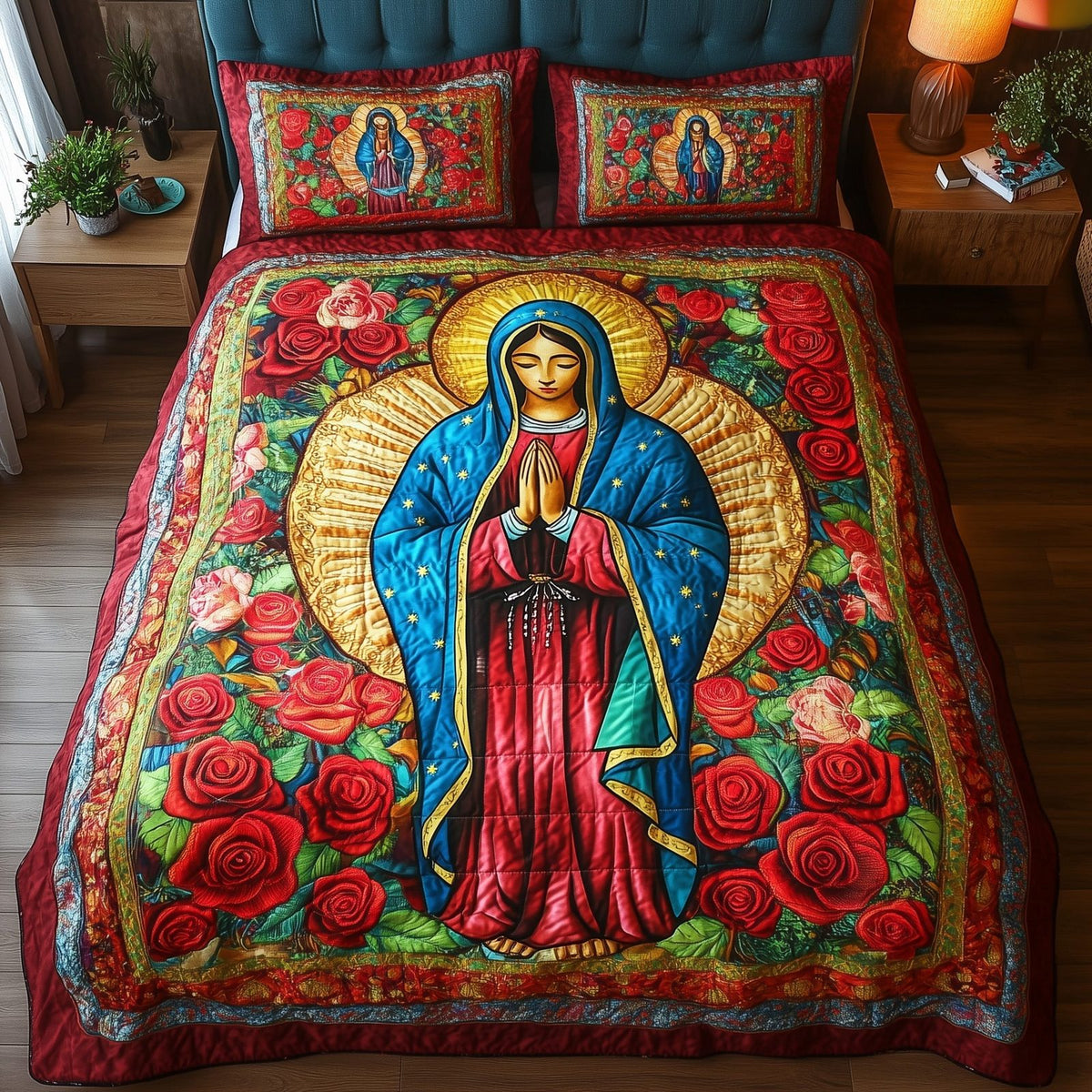 Virgen De Guadalupe Roses quilted 3-piece bedding set on a made bed with two matching pillow shams