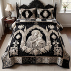 Virgin Mary Black quilted 3-piece bedding set on a made bed with two matching pillow shams