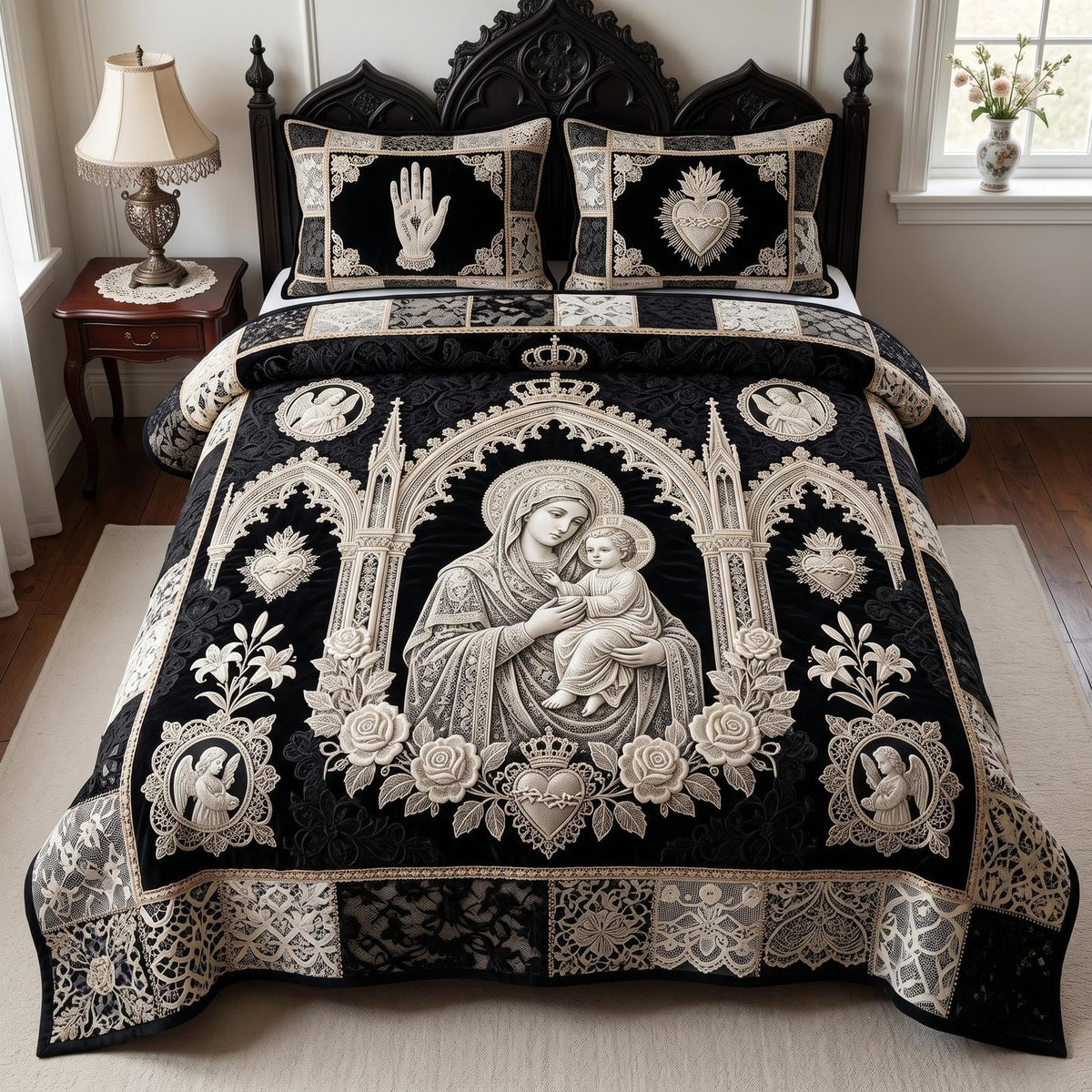 Virgin Mary Black quilted 3-piece bedding set on a made bed with two matching pillow shams