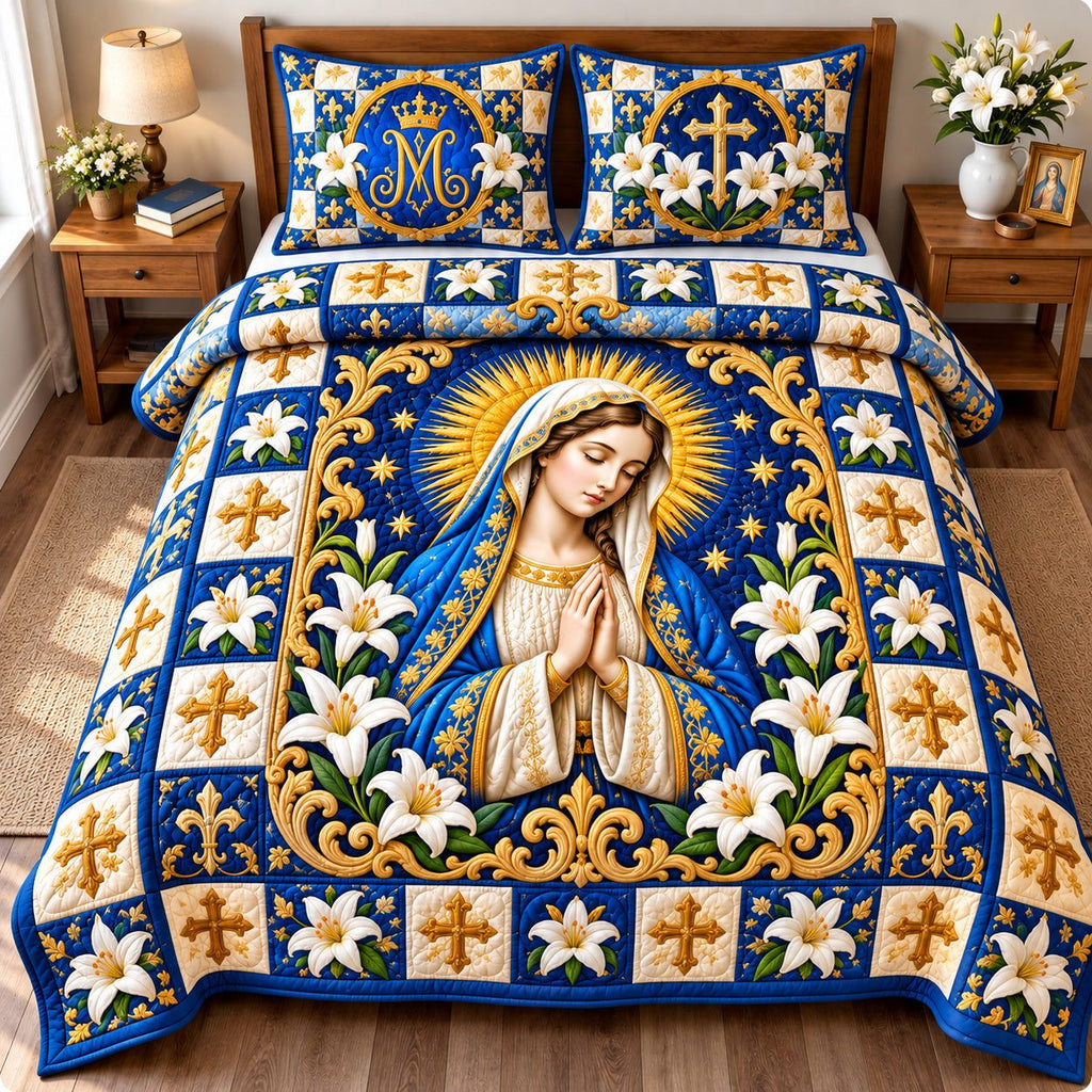 Virgin Mary Light quilted 3-piece bedding set on a made bed with two matching pillow shams