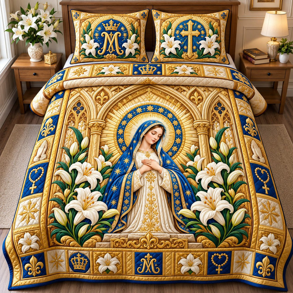 Virgin Mary Miracles quilted 3-piece bedding set on a made bed with two matching pillow shams