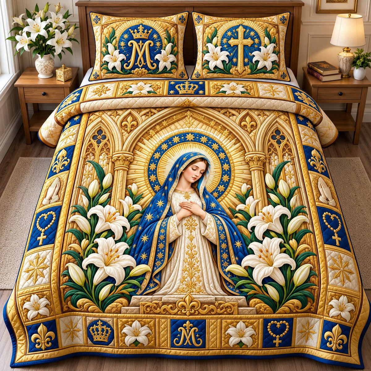 Virgin Mary Miracles quilted 3-piece bedding set on a made bed with two matching pillow shams