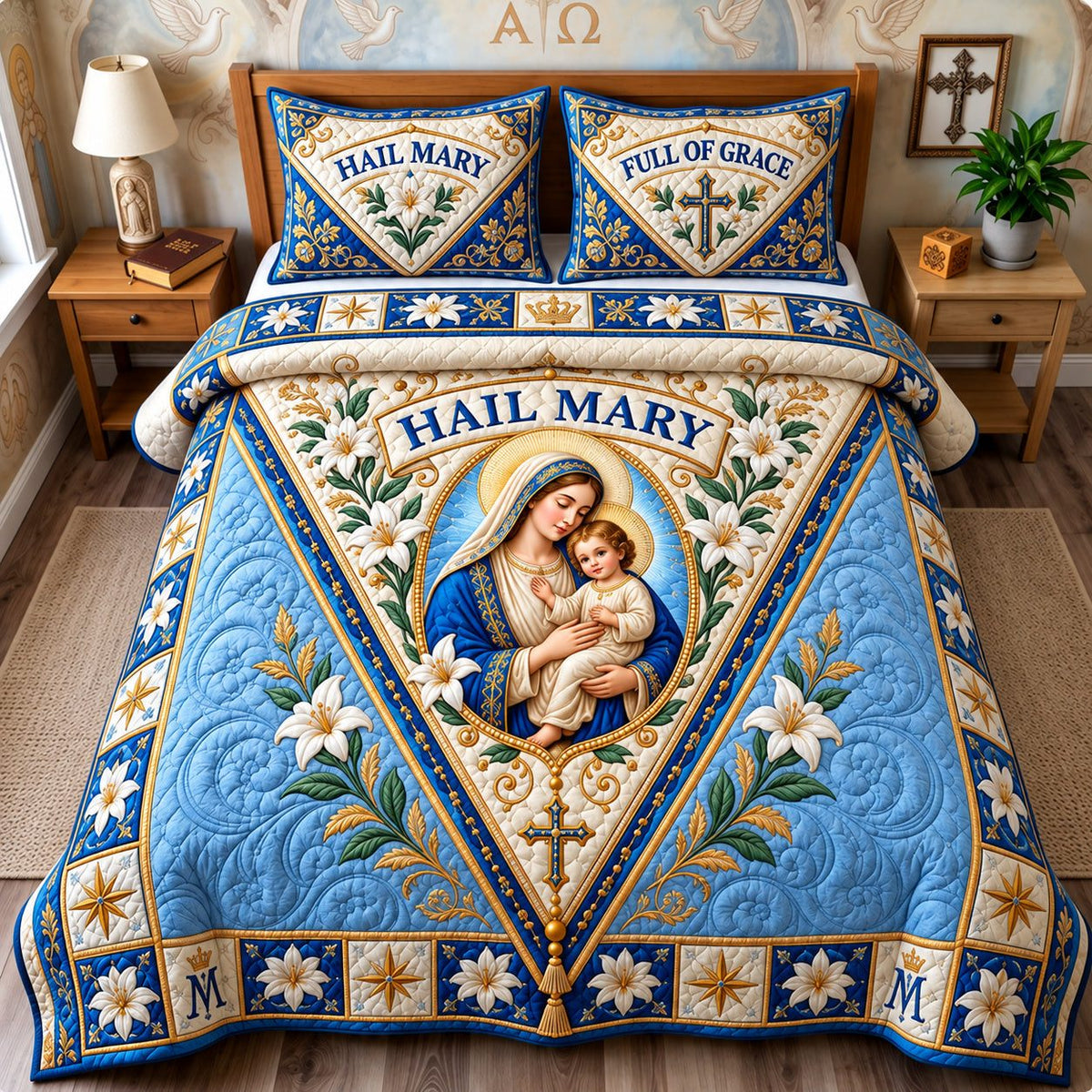 Virgin Mary Prayer quilted 3-piece bedding set on a made bed in a softly lit bedroom